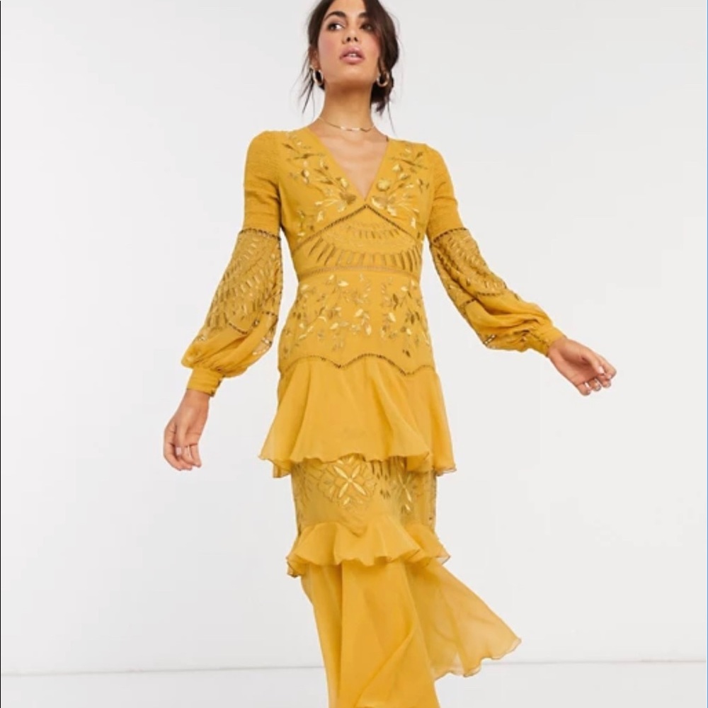 ASOS embroidered soft tiered mustard maxi dress